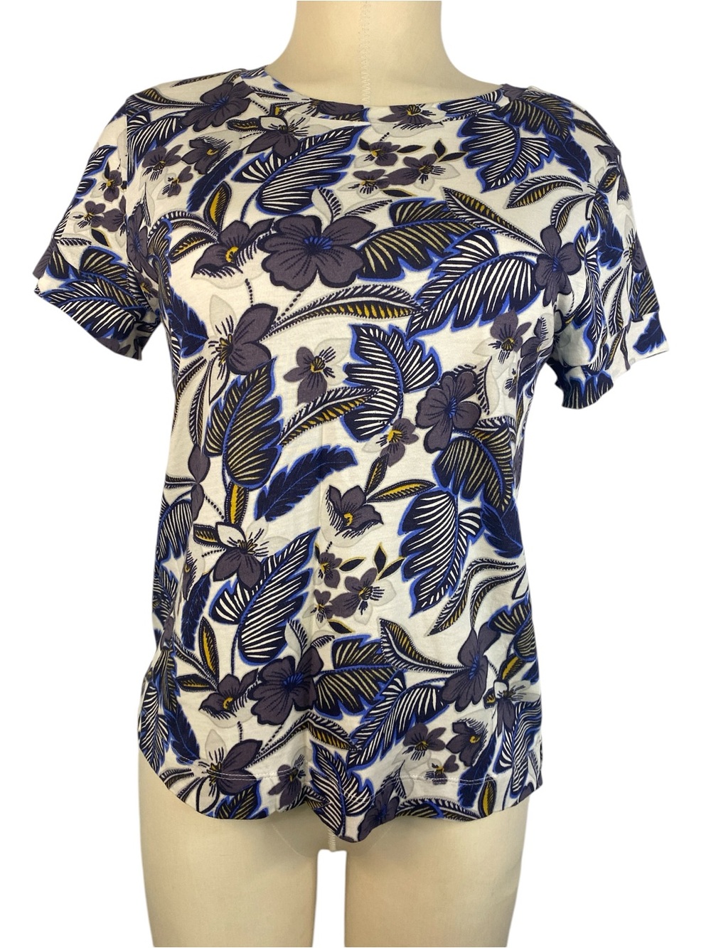 Loft Floral Leaf Print Short Sleeve Top in Blue and White Women’s Small